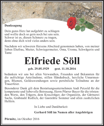 Traueranzeige von Elfriede Söll von Ostthüringer Zeitung