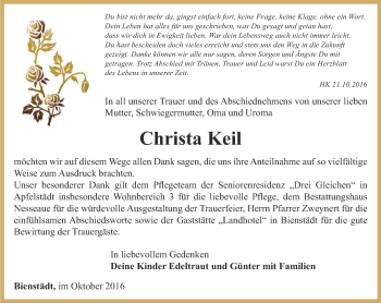 Traueranzeige von Christa Keil von Thüringer Allgemeine, Thüringische Landeszeitung