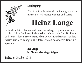 Traueranzeige von Heinz Lange von Thüringer Allgemeine
