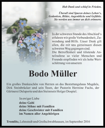 Traueranzeige von Bodo Müller von Thüringer Allgemeine, Thüringische Landeszeitung