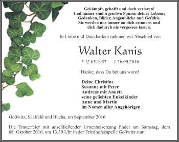 Traueranzeige von Walter Kanis von Ostthüringer Zeitung