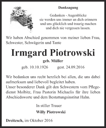 Traueranzeige von Irmgard Piotrowski von Ostthüringer Zeitung