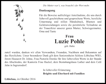 Traueranzeige von Luzie Pohle von Ostthüringer Zeitung