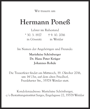 Traueranzeige von Hermann Poneß von Ostthüringer Zeitung