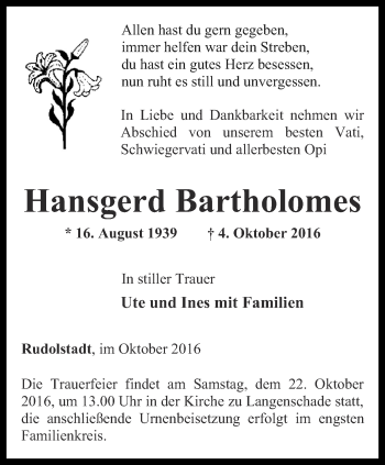 Traueranzeige von Hansgerd Bartholomes von Ostthüringer Zeitung