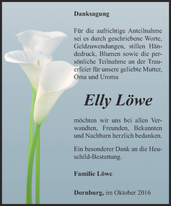 Traueranzeige von Elly Löwe von Ostthüringer Zeitung, Thüringische Landeszeitung