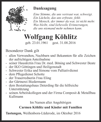 Traueranzeige von Wolfgang Köhlitz von Thüringer Allgemeine
