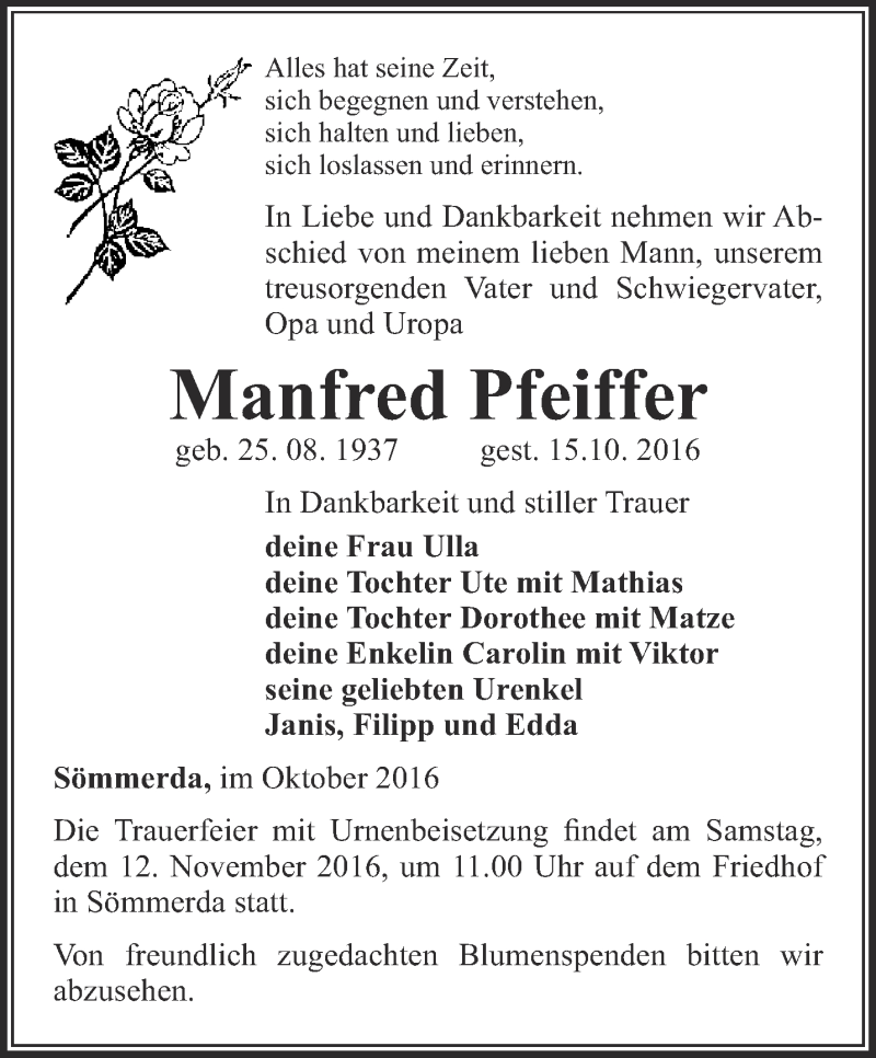  Traueranzeige für Manfred Pfeiffer vom 22.10.2016 aus Thüringer Allgemeine