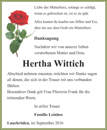 Traueranzeige von Hertha Wittich von Thüringer Allgemeine, Thüringische Landeszeitung