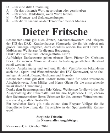 Traueranzeige von Dieter Fritsche von Thüringer Allgemeine