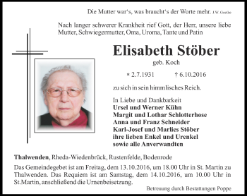 Traueranzeige von Elisabeth Stöber von Thüringer Allgemeine