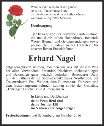 Traueranzeige von Erhard Nagel von Thüringer Allgemeine