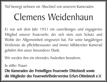 Traueranzeige von Clemens Weidenhaun von Thüringer Allgemeine, Thüringische Landeszeitung