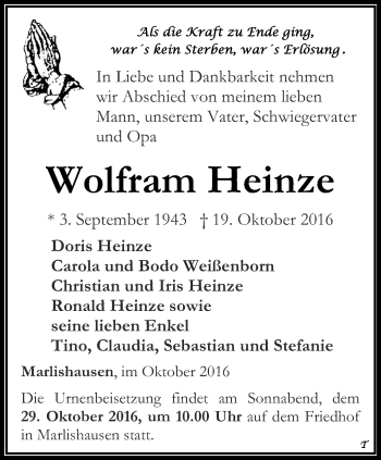 Traueranzeige von Wolfram Heinze von Thüringer Allgemeine