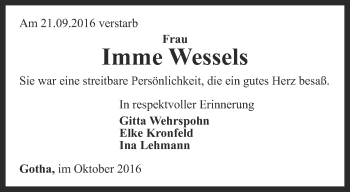 Traueranzeige von Imme Wessels von Ostthüringer Zeitung, Thüringische Landeszeitung