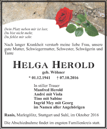 Traueranzeige von Helga Herold von Ostthüringer Zeitung