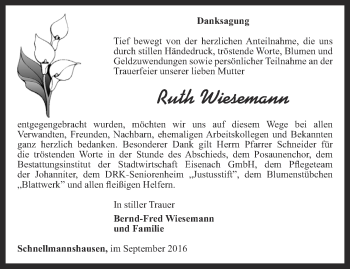 Traueranzeige von Ruth Wiesemann von Thüringer Allgemeine, Thüringische Landeszeitung