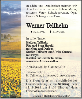 Traueranzeige von Werner Tellhelm von Thüringer Allgemeine