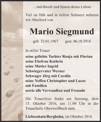 Traueranzeige von Mario Siegmund von Ostthüringer Zeitung