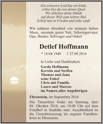 Traueranzeige von Detlef Hoffmann von Thüringer Allgemeine