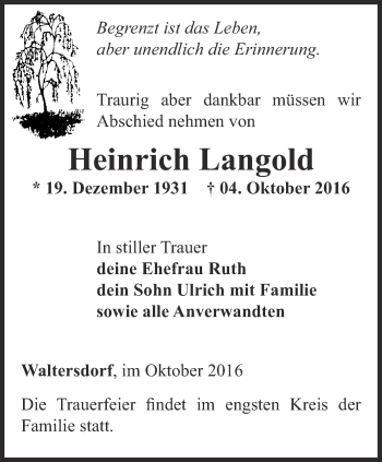 Traueranzeige von Heinrich Langold von Ostthüringer Zeitung