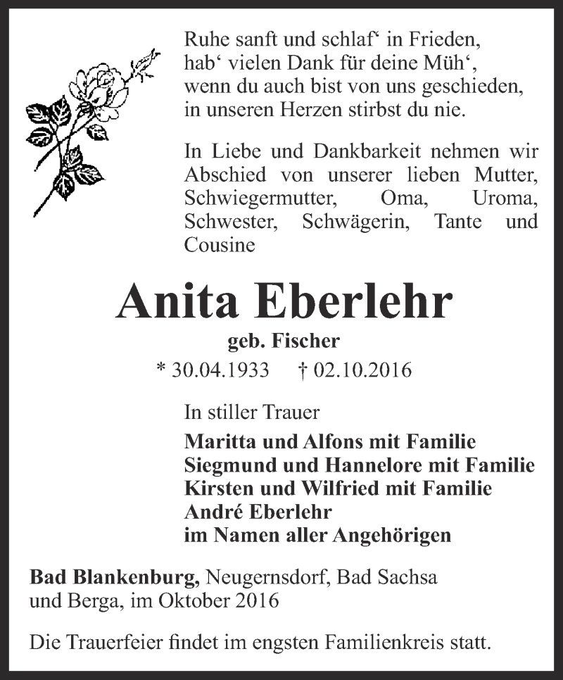  Traueranzeige für Anita Eberlehr vom 17.10.2016 aus Ostthüringer Zeitung