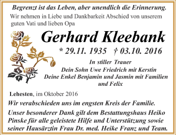 Traueranzeige von Gerhard Kleebank von Ostthüringer Zeitung