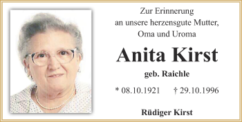 Traueranzeige von Anita Kirst von Ostthüringer Zeitung, Thüringische Landeszeitung