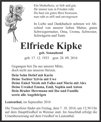 Traueranzeige von Elfriede Kipke von Thüringer Allgemeine, Thüringische Landeszeitung