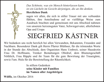 Traueranzeige von Siegfried Kästner von Ostthüringer Zeitung, Thüringische Landeszeitung