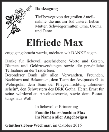 Traueranzeige von Elfriede Max von Ostthüringer Zeitung, Thüringische Landeszeitung