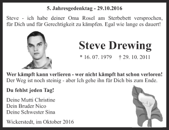 Traueranzeige von Steve Drewing von Thüringer Allgemeine, Thüringische Landeszeitung
