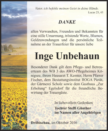 Traueranzeige von Inge Unbehaun von Ostthüringer Zeitung