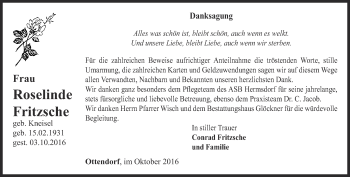 Traueranzeige von Roselinde Fritzsche von Ostthüringer Zeitung