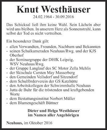 Traueranzeige von Knut Westhäuser von Ostthüringer Zeitung