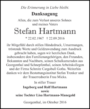 Traueranzeige von Stefan Hartmann von Ostthüringer Zeitung, Thüringische Landeszeitung