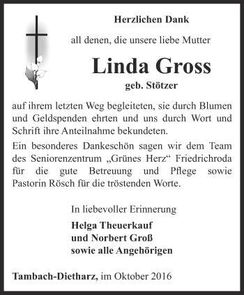 Traueranzeige von Linda Gross von Ostthüringer Zeitung, Thüringische Landeszeitung