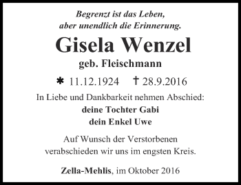 Traueranzeige von Gisela Wenzel von Thüringer Allgemeine, Thüringische Landeszeitung