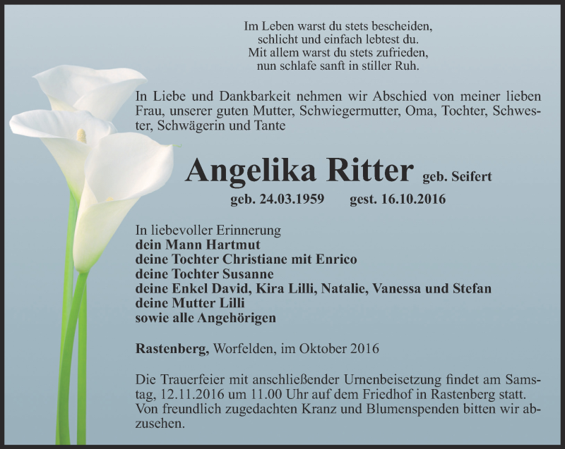  Traueranzeige für Angelika Ritter vom 27.10.2016 aus Thüringer Allgemeine