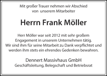 Traueranzeige von Frank Möller von Ostthüringer Zeitung, Thüringische Landeszeitung