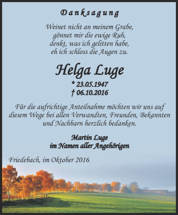 Traueranzeige von Helga Luge von Ostthüringer Zeitung