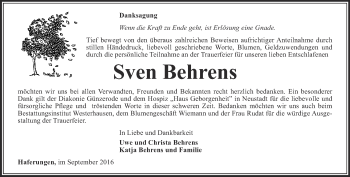 Traueranzeige von Sven Behrens von Thüringer Allgemeine