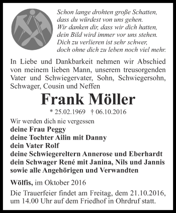 Traueranzeige von Frank Möller von Ostthüringer Zeitung, Thüringische Landeszeitung