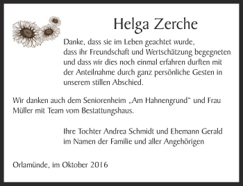 Traueranzeige von Helga Zerche von Ostthüringer Zeitung, Thüringische Landeszeitung