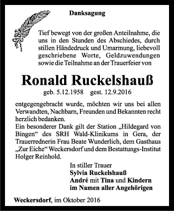 Traueranzeige von Ronald Ruckelshauß von Ostthüringer Zeitung