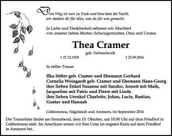 Traueranzeige von Thea Cramer von Thüringer Allgemeine, Thüringische Landeszeitung