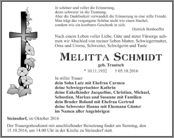 Traueranzeige von Melitta Schmidt von Ostthüringer Zeitung