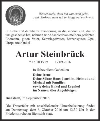 Traueranzeige von Artur Steinbrück von Thüringer Allgemeine, Thüringische Landeszeitung