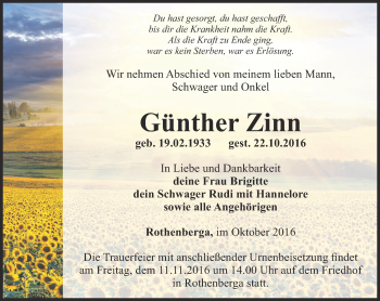 Traueranzeige von Günther Zinn von Thüringer Allgemeine