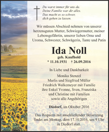 Traueranzeige von Ida Noll von Thüringer Allgemeine, Thüringische Landeszeitung